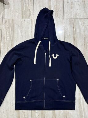 True Religion Navy Hoodie with White Drawstrings